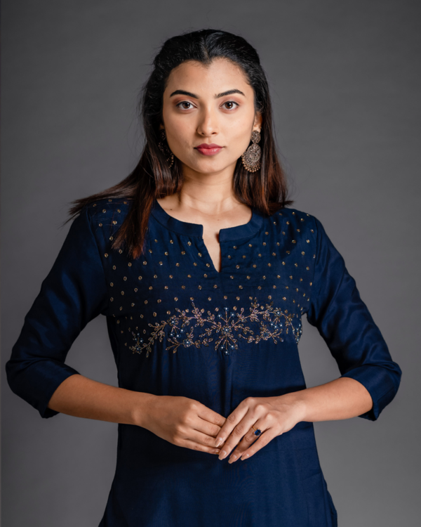 Bunting blue cotton linen kurti with floral embroidery